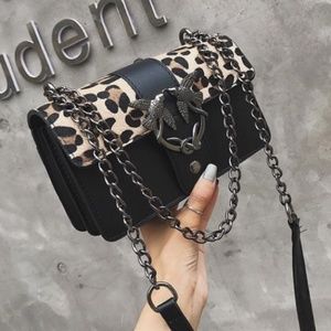 Leopard Print Fur Bird Faux Leather Crossbody